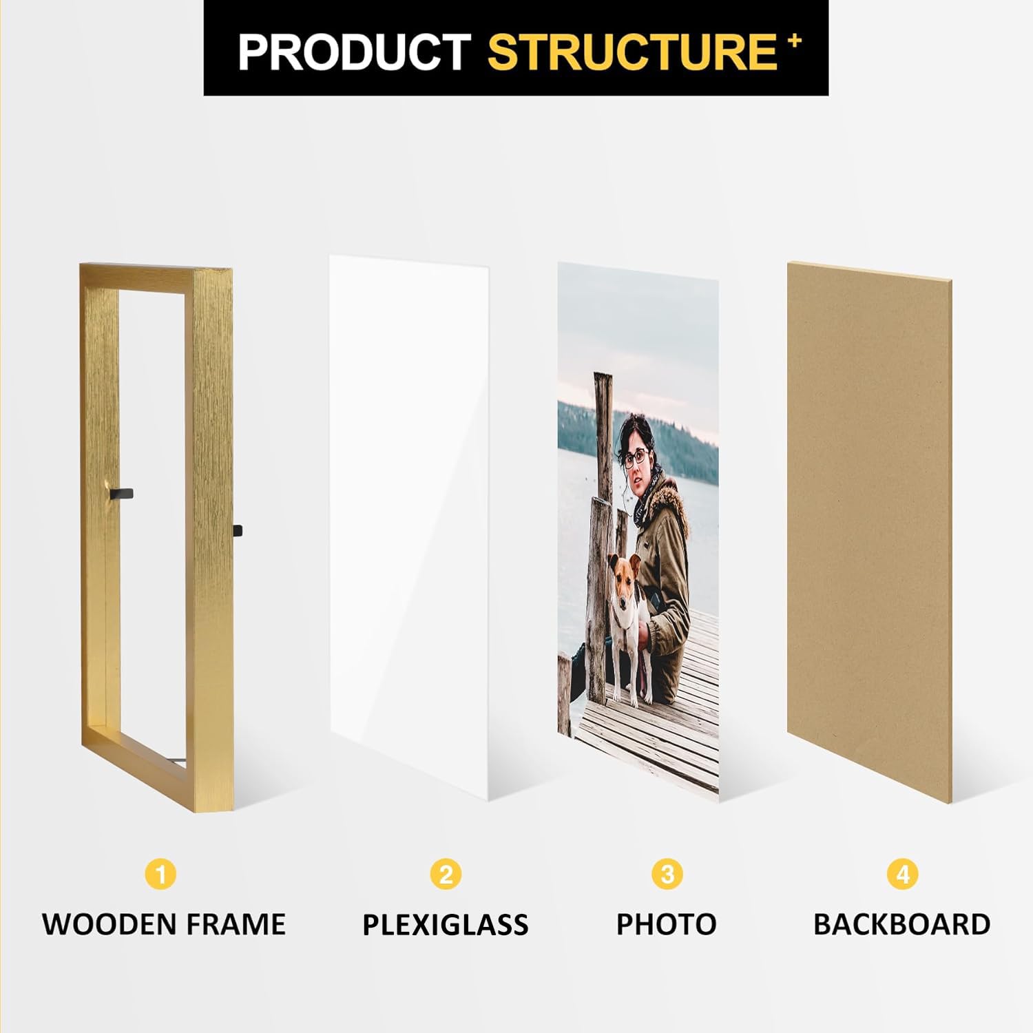 4x6 Double Picture Frame Wooden Hinged Photo Frame Definition Glass Stand Vertically on Desktop or Tabletop Gold
